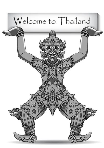 Rakshasa thai Statue. schwarze Umrisse isoliert auf weißem Hintergrund mit Text. indische, arabische, islamische, afrikanische, hinduistische, thailändische, osmanische Motive. Ethnische, Tätowierkunst, spirituelles Boho-Design. — Stockvektor
