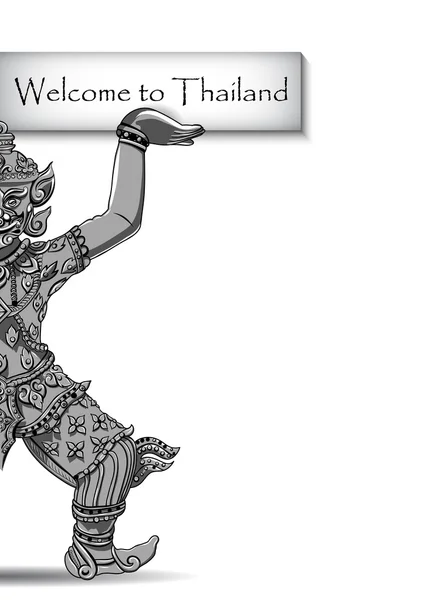 Statue thaïlandaise de Rakshasa. contours noirs isolés sur fond blanc avec du texte. Indien, arabe, islamique, africain, hindou, thaï, motifs ottoman. Ethnique, Tatouage, Boho Design spirituel . — Image vectorielle