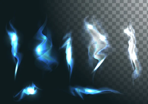 Conjunto de llamas de fuego realistas sobre fondo transparente. Efectos especiales. Ilustración vectorial. Elementos translúcidos. Rejilla de transparencia. Fogata vectorial — Vector de stock