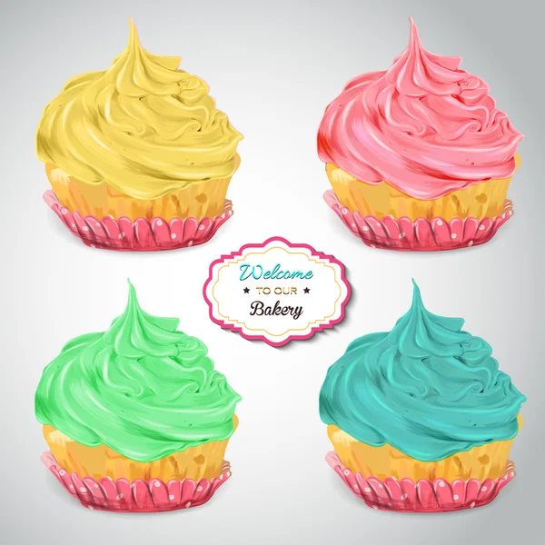 Set of delicious cupcakes with different toppings. Isolated on grey background. Vector — Stock Vector