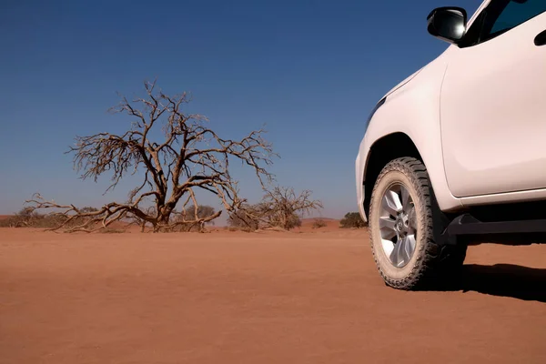 Une Voiture Blanche Tient Dans Sable Rouge Désert Namib Par — Photo