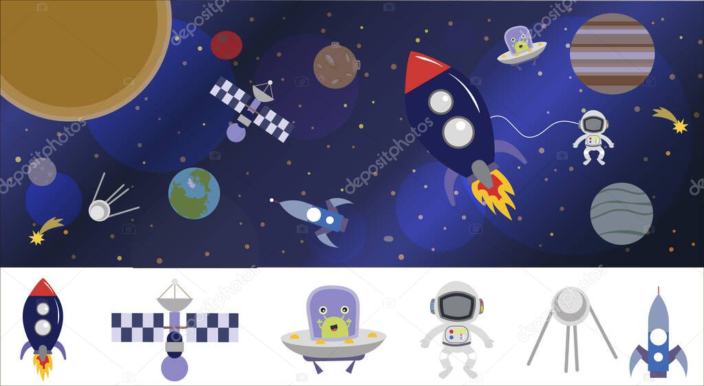 Cartoon space illustration with a rocket, astronaut, planets and aliens. Bright cute, children s vector drawing about spaceships, flying saucers and shuttles. Space with Saturn, Jupiter and stars