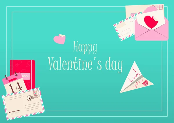 心と愛の願いを持つバレンタインデーグリーティングカード。フラットベクトルイラスト販売、オンラインストア、休日のための商品の配信。ピンク、赤、青の招待チラシ。1枚の画像 — ストックベクタ