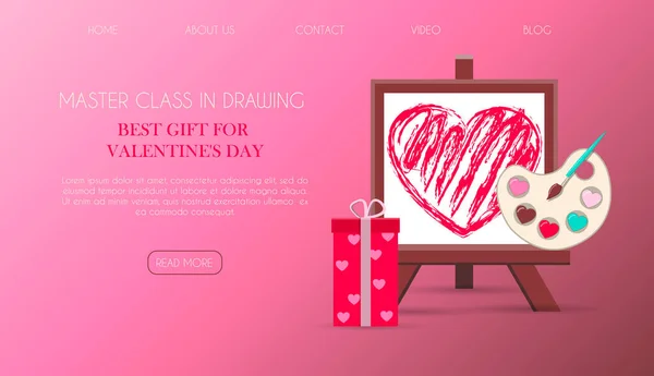 Website pagina met een cadeau voor Valentijnsdag. Romantisch plaatje in roze, turquoise en rood. Masterclass over het tekenen van schilderijen en het bestellen van kunstwerken voor de vakantie van alle liefhebbers. Vectorillustratie — Stockvector