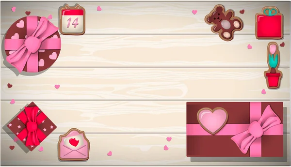 Bovenaanzicht van een houten tafel met Valentijnsdag cookies en items. Romantisch plaatje in roze, turquoise en rood. Cadeaus, kalender, snoep, goederen om Valentijnsdag te vieren. Vector illustratie voor — Stockvector