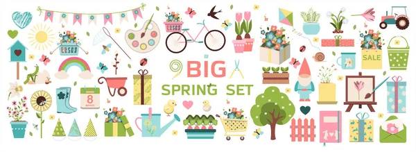 Big spring set. Vector garden tools, flowers. Flat design. Cute icons for a website, app or ad. Birds, plants, insects, and Easter items. — Stock Vector