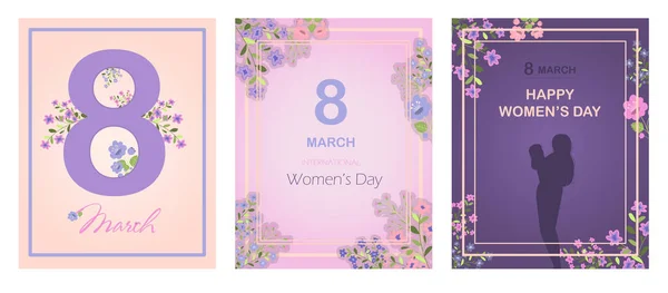 Grußkarte zum internationalen Frauentag. Vektorillustration für den 8. März mit Blumen und Grüßen. Banner mit der Zahl 8 und Text. Eine Frau hält ein kleines Mädchen auf dem Arm, Mutter und — Stockvektor