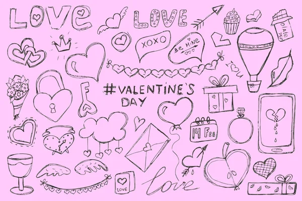 バレンタインデーのためのアイコンの巨大なセット。2月14日の休日のためのドアオブジェクトのベクトルイラスト。ロマンス、結婚式、日付、招待状、グリーティングカード、愛のための手描きの写真のセット — ストックベクタ