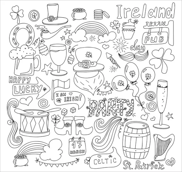 Szent Patrik napi üdvözlőlap kézzel rajzolt képekkel. Egy firka sör, egy szivárvány, egy kobold szakálla, érmék, egy bowler kalap, egy lóhere, egy cilinder, egy ír zászló és egy sörkorsó. Sablon egy — Stock Vector