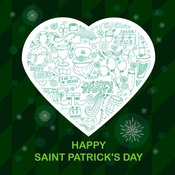 St. Patrick s Day greeting card with hand-drawn pictures. A doodle of beer, a rainbow, a leprechaun s beard, coins, a bowler hat, a clover, a top hat, an Irish flag and a beer mug. Template for a — Stock Vector