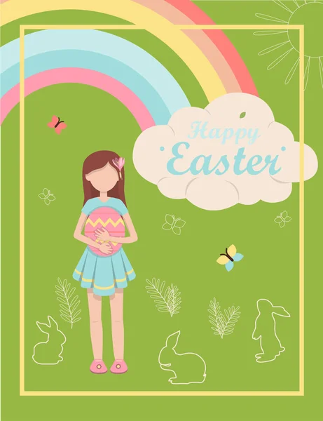 Cartoon little girl with an Easter egg in her hands. Vector illustration with a happy Easter wish. Flat design featuring hares, butterflies, flowers and rainbows. A bright, cute illustration for a — Stock Vector