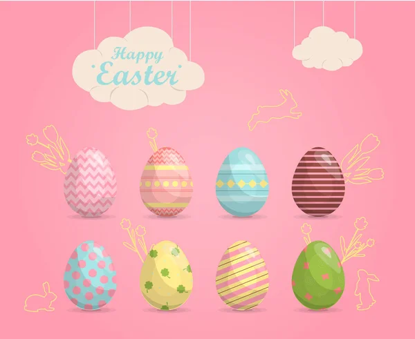 Un conjunto de huevos de Pascua brillantemente pintados. Ilustración vectorial con un feliz deseo de Pascua. Diseño plano con liebres, mariposas, flores y arcoíris. Plantilla para una postal, invitación, anuncio o banner — Vector de stock