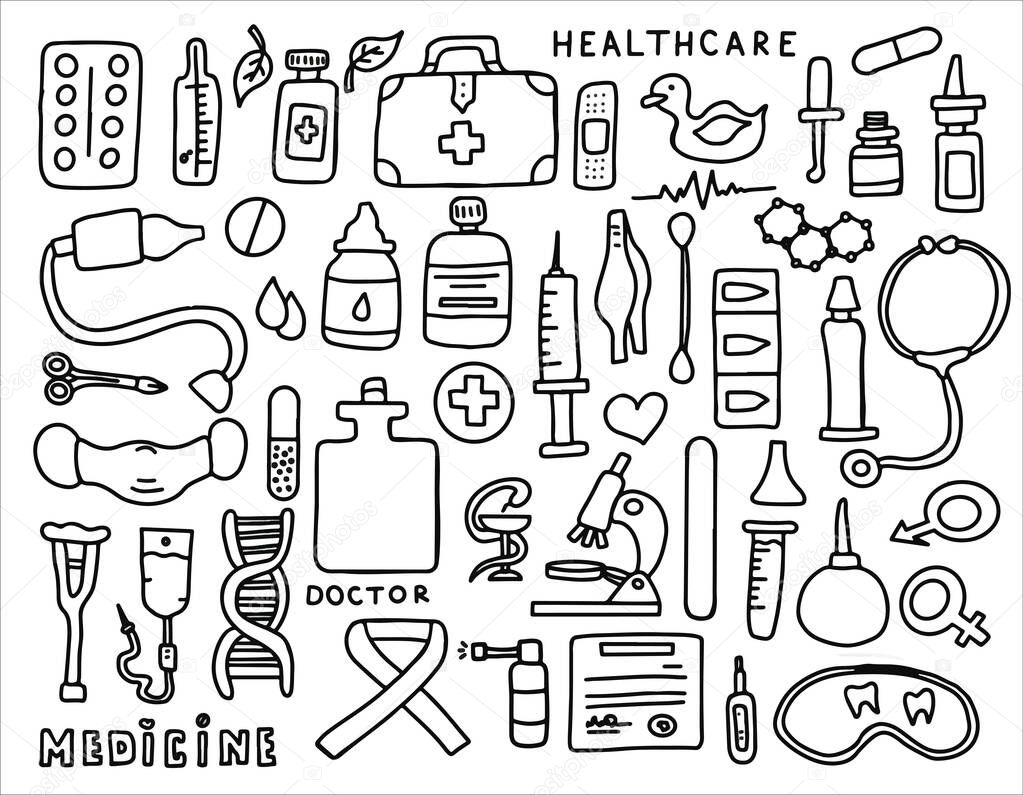 Medical doodle poster with medicines, test tubes and a thermometer. Big pharmacy set. Template for an advertising, pattern or remote medical consultations for adults and children. Vector illustration