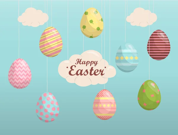 Un conjunto de huevos de Pascua brillantemente pintados. Ilustración vectorial con un feliz deseo de Pascua. Diseño plano con liebres, mariposas, flores y arcoíris. Plantilla para una postal, invitación, anuncio o banner — Vector de stock
