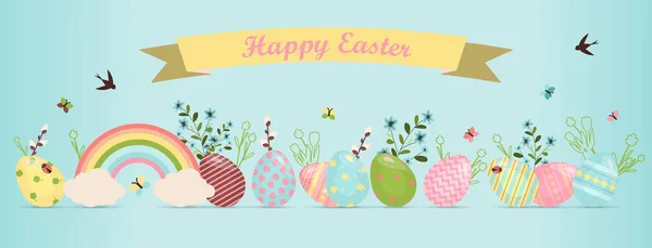A set of brightly painted Easter eggs. Vector illustration with a happy Easter wish. Flat design featuring hares, butterflies, flowers and rainbows. Template for a postcard, invitation, ad or banner — Stock Vector