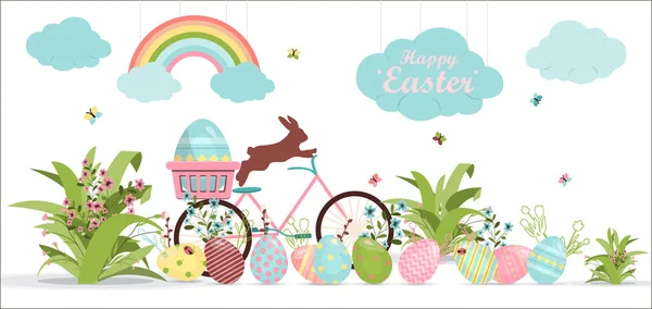 A set of brightly painted Easter eggs and bunnies. Vector illustration with a happy Easter wish. Flat design featuring hares, butterflies, flowers and rainbows. Template for a postcard, invitation, ad — Stock Vector
