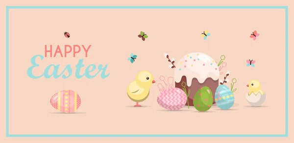 Un conjunto de huevos de Pascua brillantemente pintados. Ilustración vectorial con un feliz deseo de Pascua. Diseño plano con liebres, mariposas, flores y arcoíris. Plantilla para una postal, invitación, anuncio o banner — Vector de stock