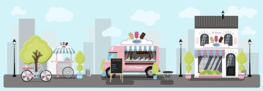 Büyük bir dondurma seti. Dondurmacı, sokak dondurmacısı, meyve dondurma satan yemek pisti. Tekerlekli bir pastanenin düz çizimi. Bir şehir sokağı.