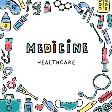 İlaç, test tüpleri ve termometresi olan tıbbi karalama posteri. Büyük eczane seti. Yetişkinler ve çocuklar için bir reklam, model ya da uzaktan tıbbi konsültasyon şablonu. Vektör illüstrasyonu