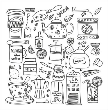 Büyük el yapımı kahve ve çay karalamaları. Çay içmek ve her çeşit kahveyi yapmak için izole edilmiş vektör çizimleri. Çay içmek ve her türlü şeyi yapmak için izole edilmiş vektör çizimleri.