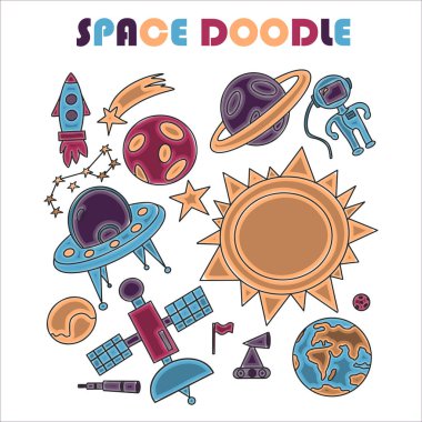Roket, astronot, gezegenler ve uzaylılarla el çizimi uzay çizimi. Şirin, uzay gemileri, uçan daireler ve mekiklerle ilgili çocuk vektörü çizimi. Satürn, Jüpiter ve yıldızlarla uzay