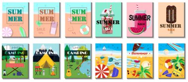 Büyük yaz seti. Yazın yapılan ürün satışının düz vektör çizimi. Bir afişte, web sitesinde ya da el ilanında ürünlerde ve kıyafetlerde yüzde 50 indirim. Reklamlı parlak broşürler.