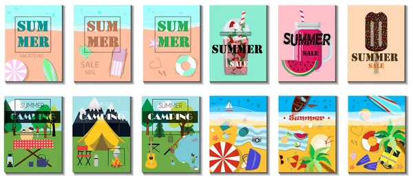 Büyük yaz seti. Yazın yapılan ürün satışının düz vektör çizimi. Bir afişte, web sitesinde ya da el ilanında ürünlerde ve kıyafetlerde yüzde 50 indirim. Reklamlı parlak broşürler.