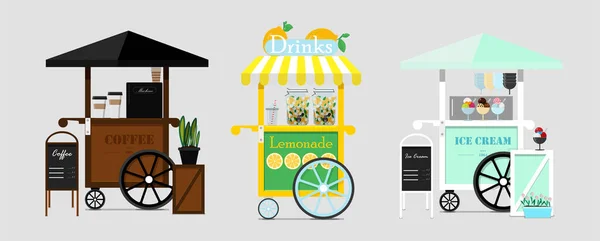 Conjunto de café vetorial, sorvete e carrinhos de limonada. Ilustração plana vetorial de um fast food de rua. Ponto de venda de sorvete, cappuccino, latte, limonada, Gelato e batidos. Sobremesas frias para —  Vetores de Stock