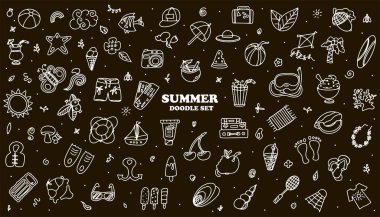 Büyük bir vektör karalama seti. Deniz kıyısındaki tatiller için el yapımı aksesuarlar. Reklamlar, web, el ilanları ve afişler için düz tasarım. El simgeleri tarafından çizilmiş bir set. Yaz meyveleri, yemek.