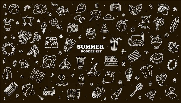 Büyük bir vektör karalama seti. Deniz kıyısındaki tatiller için el yapımı aksesuarlar. Reklamlar, web, el ilanları ve afişler için düz tasarım. El simgeleri tarafından çizilmiş bir set. Yaz meyveleri, yemek.