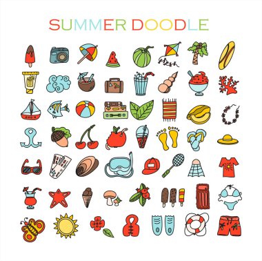 Büyük bir vektör karalama seti. Deniz kıyısındaki tatiller için el yapımı aksesuarlar. Reklamlar, web, el ilanları ve afişler için düz tasarım. El simgeleri tarafından çizilmiş bir set. Yaz meyveleri, yemek.