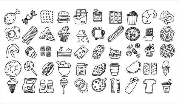 Ensemble de 50 produits de restauration rapide Doodle. Bonbons dessinés à la main, desserts, collations, pop-corn, nourriture américaine et petit déjeuner anglais. Un grand ensemble d'illustrations de nourriture de dessin animé. — Image vectorielle