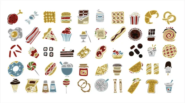 Ensemble de 50 produits de restauration rapide Doodle. Bonbons dessinés à la main, desserts, collations, pop-corn, nourriture américaine et petit déjeuner anglais. Un grand ensemble coloré d'illustrations de nourriture de dessin animé. — Image vectorielle