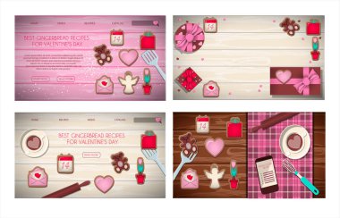 Sevgililer Günü hediyesi olan bir sürü site sayfası. Romantik resim pembe, turkuaz ve kırmızı. Kurabiye pişirme konusunda yüksek lisans. Ahşap bir arka planda düz bir çizim. resim için...