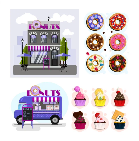 Grote donut set. Donuts cafe exterieur vector illustratie. Vlakke vormgeving van de gevel. Straat food truck met donuts. Vector illustratie van een banketbakkerij op wielen. Bakkerij desserts winkel. — Stockvector