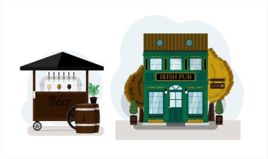 Bira seti. İrlandalı bar dış vektör illüstrasyonu. Satılık bira olan sokak tezgahı. Farklı tipte bira, tahta fıçılar ve bira bardakları olan ahşap bir araba. Ön cephenin düz tasarımı