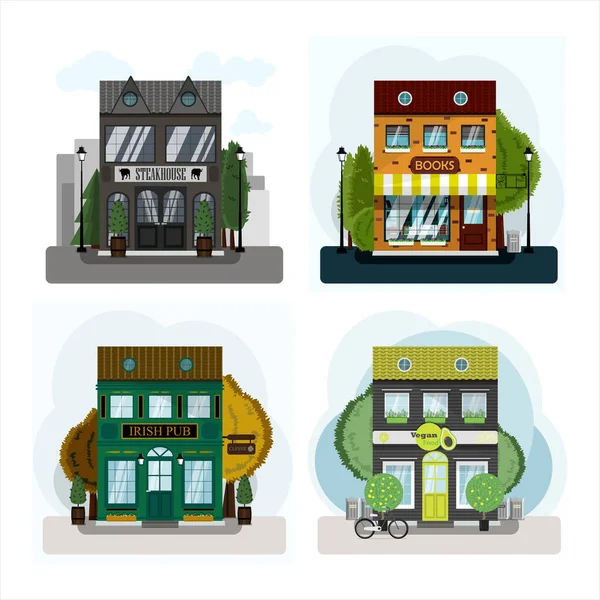 Irish pub exterior vetor ilustração. Projeto plano de fachada. Conceito de construção de cervejas. Restaurante de dois andares Emerald no estilo europeu. Ilustração de uma rua de cidade. — Vetor de Stock