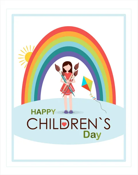 Cartão postal para o dia internacional da criança. Cartão brilhante de verão com uma menina e um arco-íris. Feliz infância. Congratulação com umas férias, à escola, ao jardim de infância. — Vetor de Stock