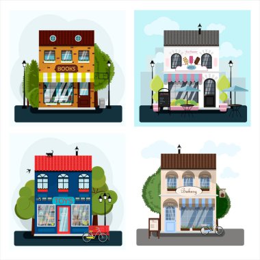 İrlandalı bar dış vektör illüstrasyonu. Ön cephenin düz tasarımı. Bira evi konsepti. Avrupa tarzında iki katlı zümrüt restoran. Bir şehir caddesinin görüntüsü.