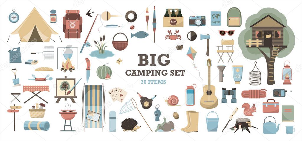 Big vector set for camping. Equipment for Hiking, mountaineering and camping-a set of icons and infographics. Flat design. Tree house, tent, camping utensils, backpack and scout tools cliparts.