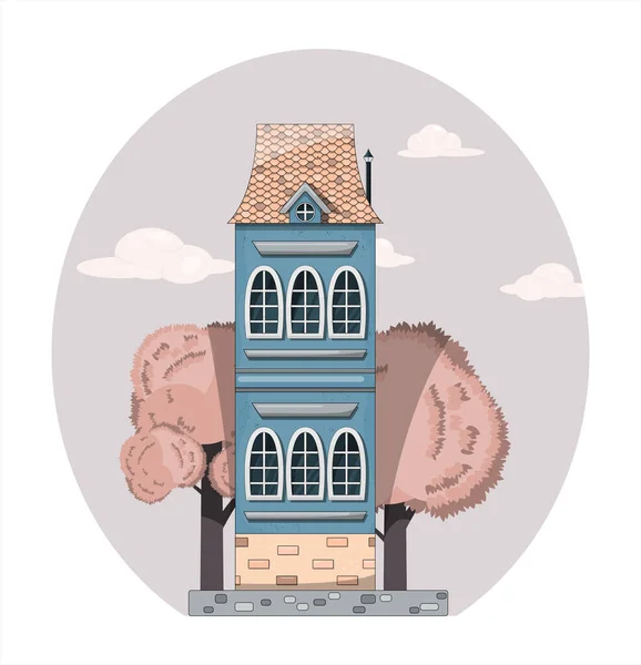 Európai ház homlokzat. Vektor illusztráció. Lapos kialakítás. Aranyos klasszikus épületek. Rajzfilm stílus. Fényvisszaverő külső. — Stock Vector