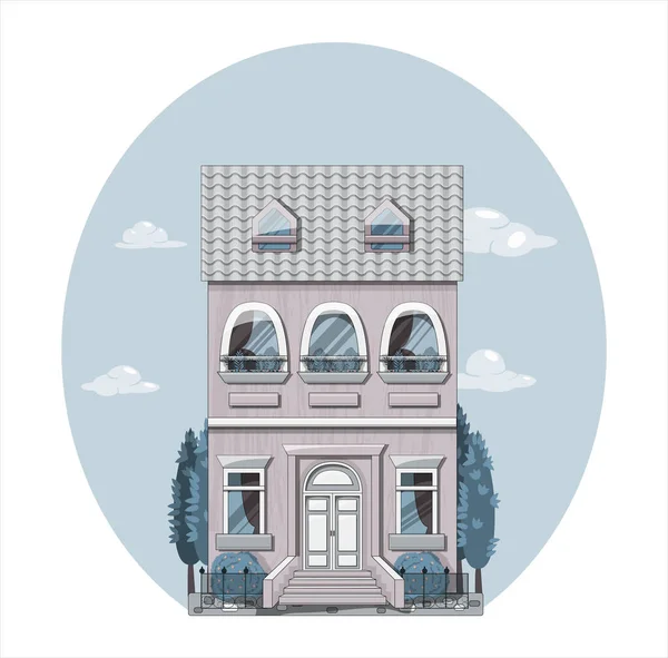 Fachada de casa europeia. Ilustração vetorial. Design plano. Edifícios clássicos bonitos. Estilo dos desenhos animados. Exterior retro. —  Vetores de Stock