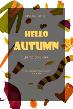 Parlak vektör sonbahar satış afişi. Reklamcılık, indirimli alışveriş promosyonu. Düz tasarım illüstrasyon. Kukla pastalı şablon, sıcak baharatlı çay ve renkli mevsim yapraklı şablon.