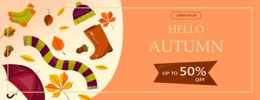 Parlak vektör sonbahar satış afişi. Reklamcılık, indirimli alışveriş promosyonu. Düz tasarım illüstrasyon. Kukla pastalı şablon, sıcak baharatlı çay ve renkli mevsim yapraklı şablon.