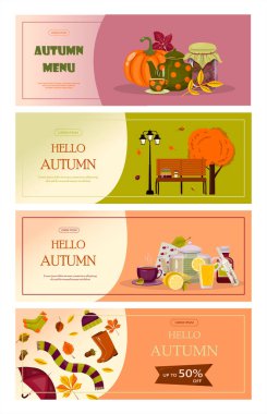 Parlak vektör sonbahar satış afişi. Reklamcılık, indirimli alışveriş promosyonu. Düz tasarım illüstrasyon. Kukla pastalı şablon, sıcak baharatlı çay ve renkli mevsim yapraklı şablon.