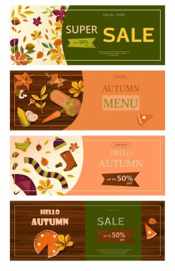 Parlak vektör sonbahar satış afişi. Reklamcılık, indirimli alışveriş promosyonu. Düz tasarım illüstrasyon. Kukla pastalı şablon, sıcak baharatlı çay ve renkli mevsim yapraklı şablon.