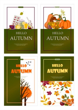 Parlak vektör sonbahar satış afişi. Reklamcılık, indirimli alışveriş promosyonu. Düz tasarım illüstrasyon. Kukla pastalı şablon, sıcak baharatlı çay ve renkli mevsim yapraklı şablon.