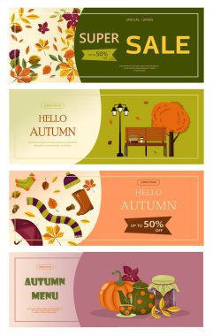 Parlak vektör sonbahar satış afişi. Reklamcılık, indirimli alışveriş promosyonu. Düz tasarım illüstrasyon. Kukla pastalı şablon, sıcak baharatlı çay ve renkli mevsim yapraklı şablon.