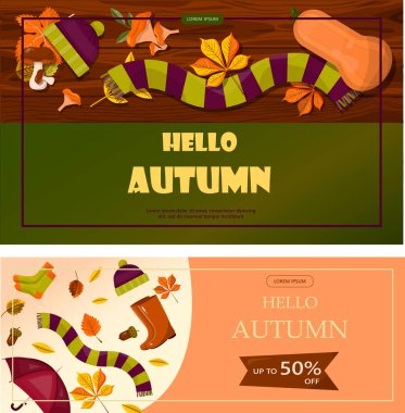Parlak vektör sonbahar satış afişi. Reklamcılık, indirimli alışveriş promosyonu. Düz tasarım illüstrasyon. Kukla pastalı şablon, sıcak baharatlı çay ve renkli mevsim yapraklı şablon.
