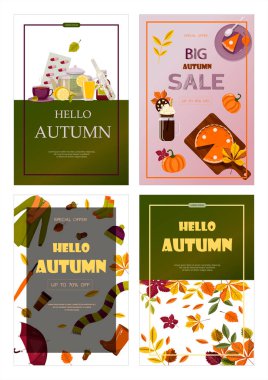 Parlak vektör sonbahar satış afişi. Reklamcılık, indirimli alışveriş promosyonu. Düz tasarım illüstrasyon. Kukla pastalı şablon, sıcak baharatlı çay ve renkli mevsim yapraklı şablon.